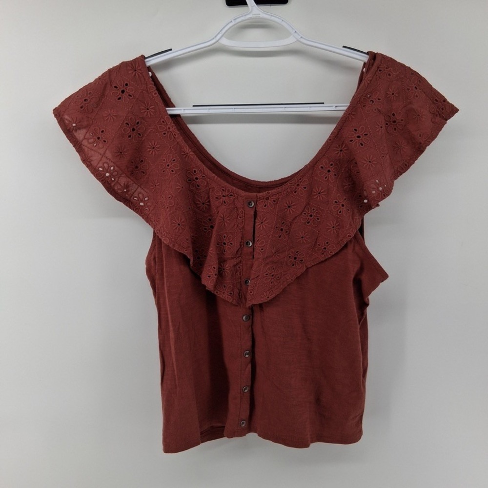 American Eagle AEM120605U9A Top Womens M Rust Eyelet Ruffle Off-Shoulder Solid